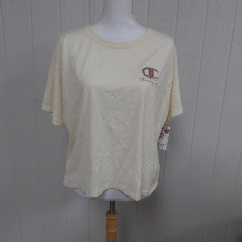 Champion 3X Ivory Cropped Crew Neck Short Sleeve Houndstooth Logo T-Shirt